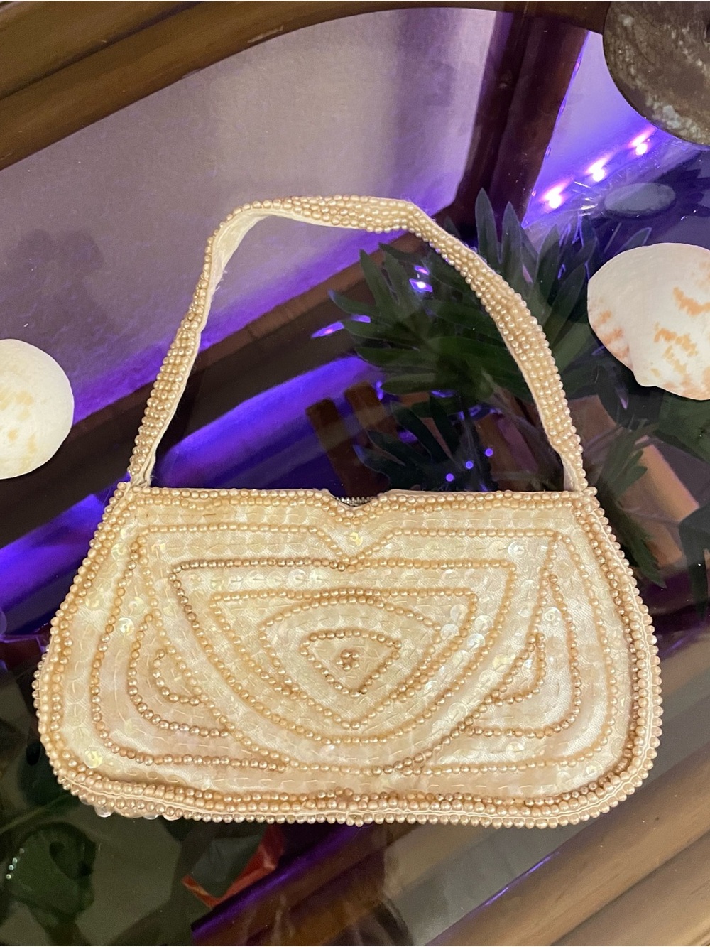 Elegant Pearl Caviar Beaded Cream Evening Purse 1940s Japan
